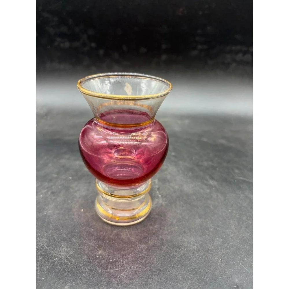Vintage Cranberry Glass Miniature Bud Vase Gold Gilt Trim Pink Art Glass 4.25in